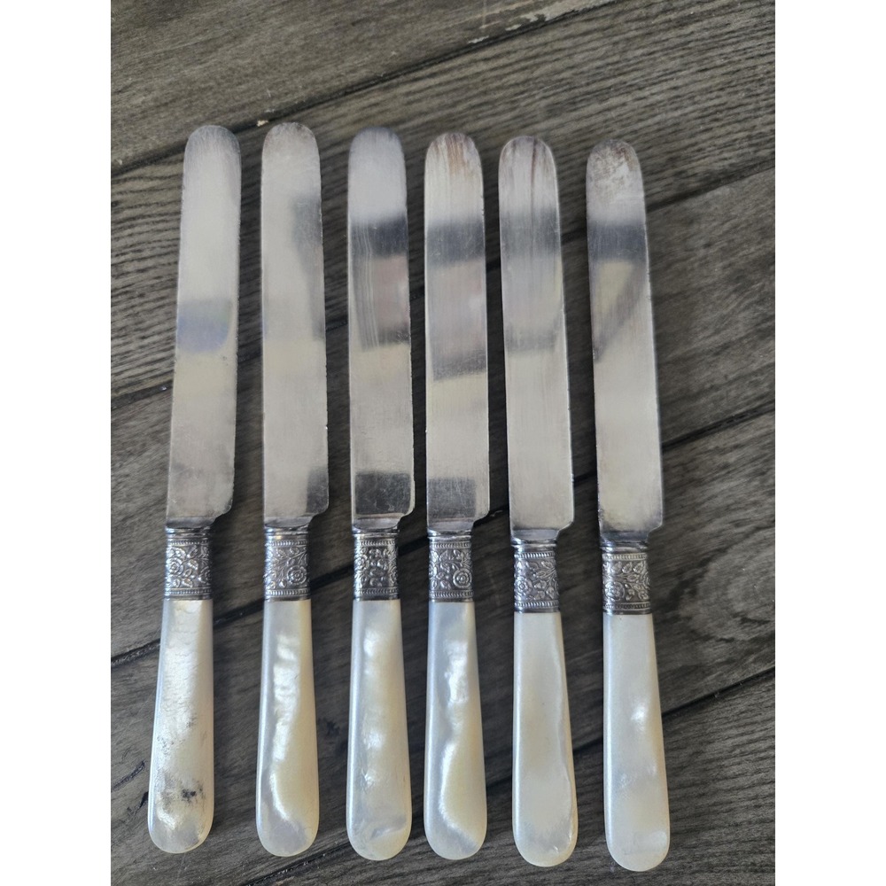 6 Antique Landers Frary & Clark Pearl & Sterling Silver Rose Band Butter Knives